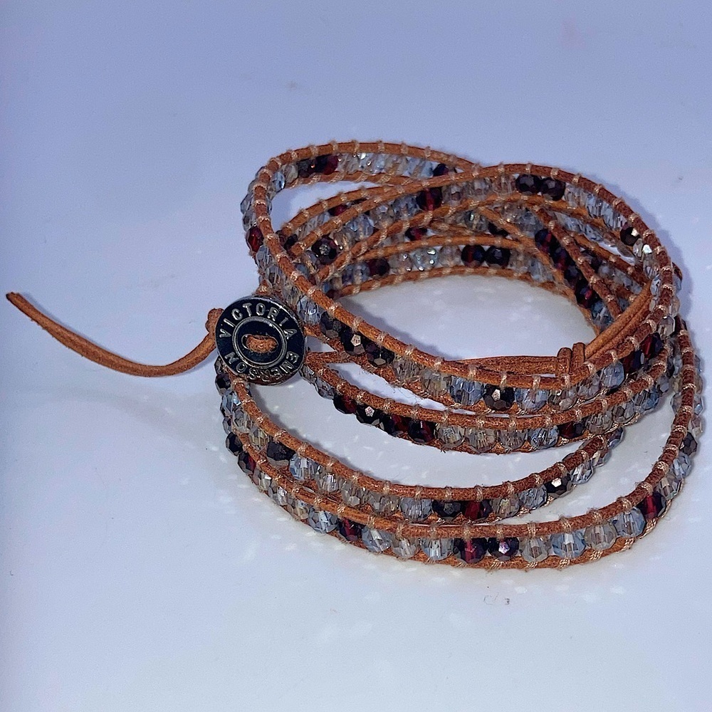 Victoria Emerson Red Clear Crystal Bead Brown Leather Wrap Bracelet 34” - 37”
